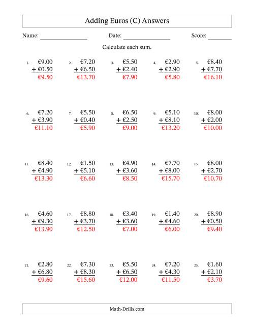 The Adding Euros With Amounts from 0.10 to 9.90 in Increments of Ten Euro Cents (C) Math Worksheet Page 2