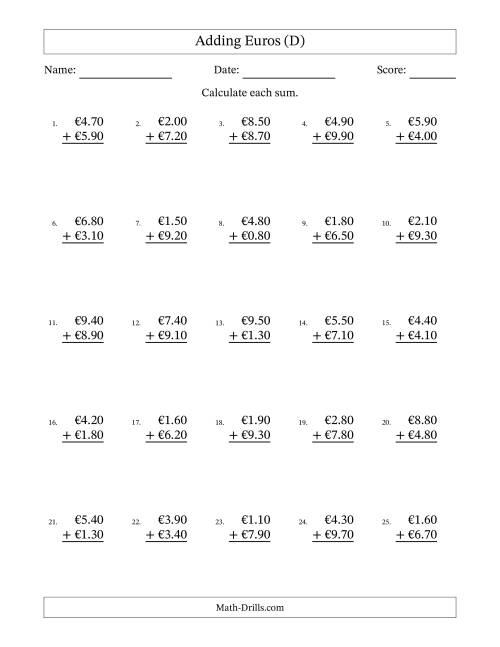 The Adding Euros With Amounts from 0.10 to 9.90 in Increments of Ten Euro Cents (D) Math Worksheet