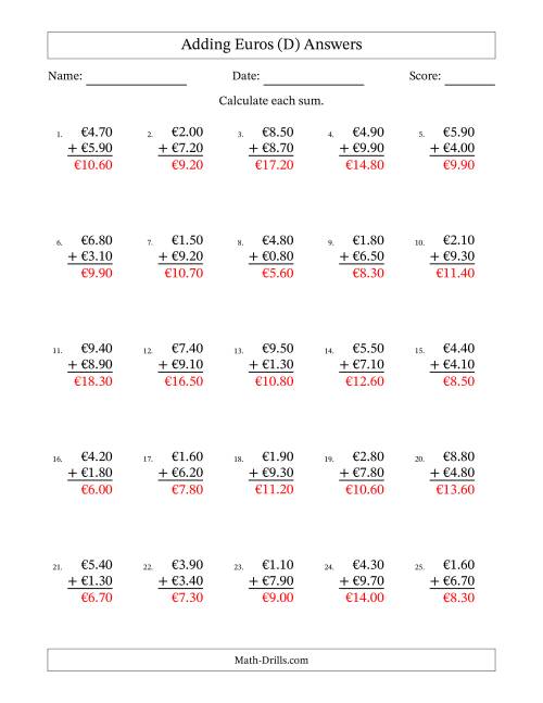 The Adding Euros With Amounts from 0.10 to 9.90 in Increments of Ten Euro Cents (D) Math Worksheet Page 2