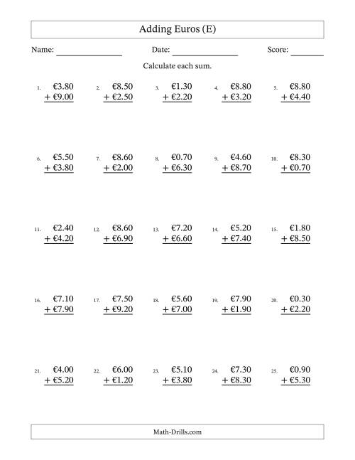 The Adding Euros With Amounts from 0.10 to 9.90 in Increments of Ten Euro Cents (E) Math Worksheet