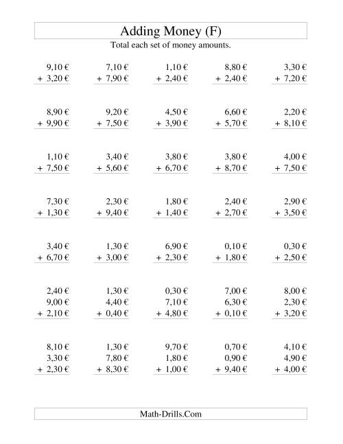 The Adding Euro Money to €10 -- Increments of 10 Euro Cents (F) Math Worksheet