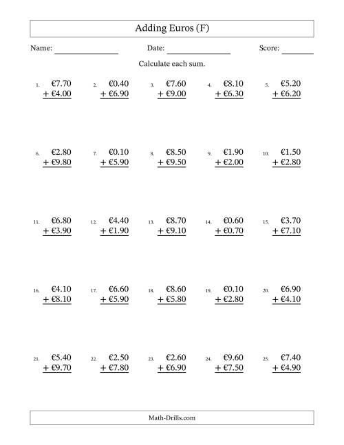 The Adding Euros With Amounts from 0.10 to 9.90 in Increments of Ten Euro Cents (F) Math Worksheet