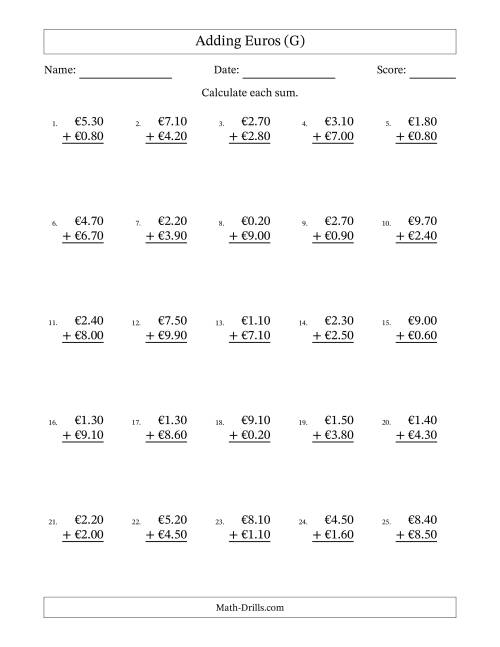 The Adding Euros With Amounts from 0.10 to 9.90 in Increments of Ten Euro Cents (G) Math Worksheet