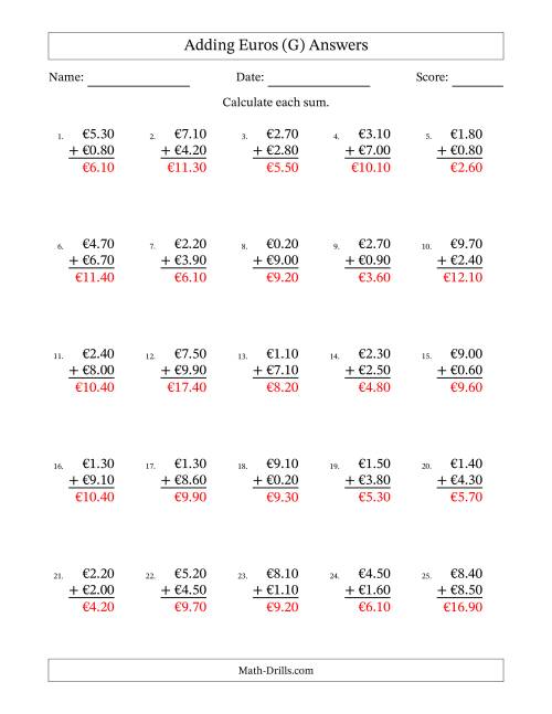 The Adding Euros With Amounts from 0.10 to 9.90 in Increments of Ten Euro Cents (G) Math Worksheet Page 2