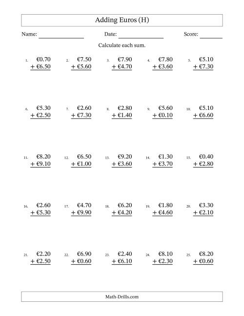 The Adding Euros With Amounts from 0.10 to 9.90 in Increments of Ten Euro Cents (H) Math Worksheet