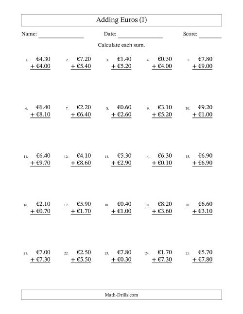 The Adding Euros With Amounts from 0.10 to 9.90 in Increments of Ten Euro Cents (I) Math Worksheet