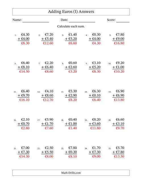 The Adding Euros With Amounts from 0.10 to 9.90 in Increments of Ten Euro Cents (I) Math Worksheet Page 2