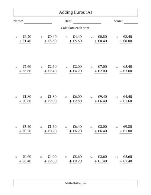 The Adding Euros With Amounts from 0.20 to 9.80 in Increments of Twenty Euro Cents (A) Math Worksheet