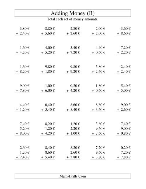 The Adding Euro Money to €10 -- Increments of 20 Euro Cents (B) Math Worksheet