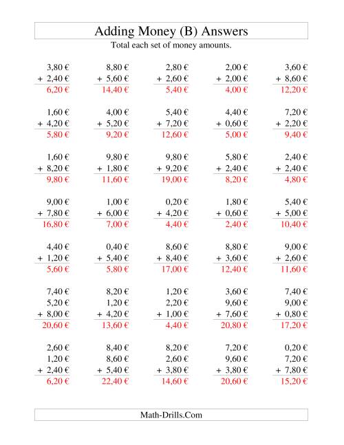 The Adding Euro Money to €10 -- Increments of 20 Euro Cents (B) Math Worksheet Page 2