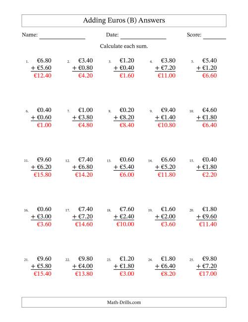 The Adding Euros With Amounts from 0.20 to 9.80 in Increments of Twenty Euro Cents (B) Math Worksheet Page 2