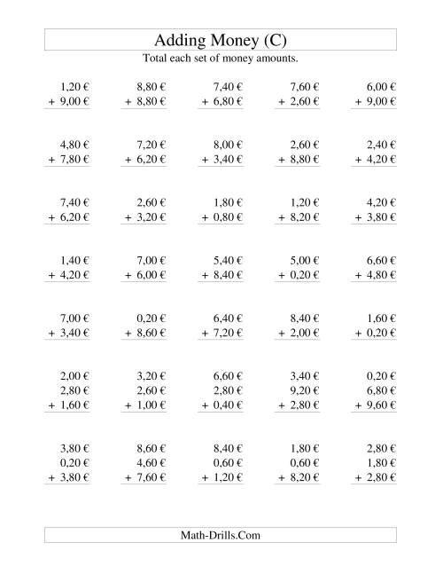 The Adding Euro Money to €10 -- Increments of 20 Euro Cents (C) Math Worksheet