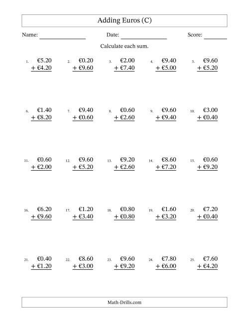 The Adding Euros With Amounts from 0.20 to 9.80 in Increments of Twenty Euro Cents (C) Math Worksheet