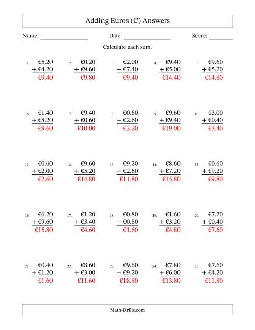 The Adding Euros With Amounts from 0.20 to 9.80 in Increments of Twenty Euro Cents (C) Math Worksheet Page 2