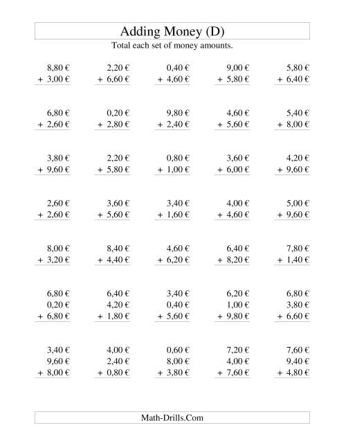 The Adding Euro Money to €10 -- Increments of 20 Euro Cents (D) Math Worksheet