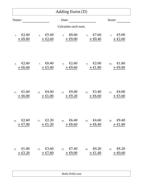 The Adding Euros With Amounts from 0.20 to 9.80 in Increments of Twenty Euro Cents (D) Math Worksheet