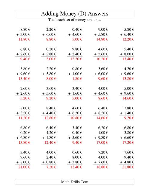 The Adding Euro Money to €10 -- Increments of 20 Euro Cents (D) Math Worksheet Page 2