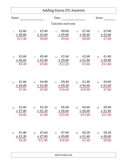 The Adding Euros With Amounts from 0.20 to 9.80 in Increments of Twenty Euro Cents (D) Math Worksheet Page 2