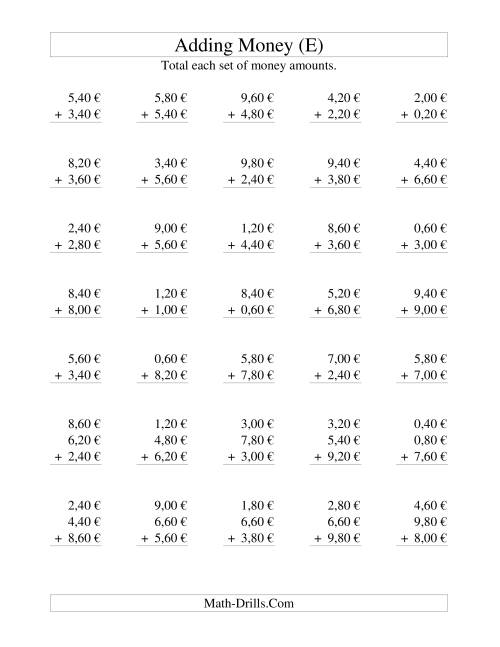 The Adding Euro Money to €10 -- Increments of 20 Euro Cents (E) Math Worksheet