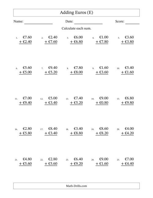 The Adding Euros With Amounts from 0.20 to 9.80 in Increments of Twenty Euro Cents (E) Math Worksheet