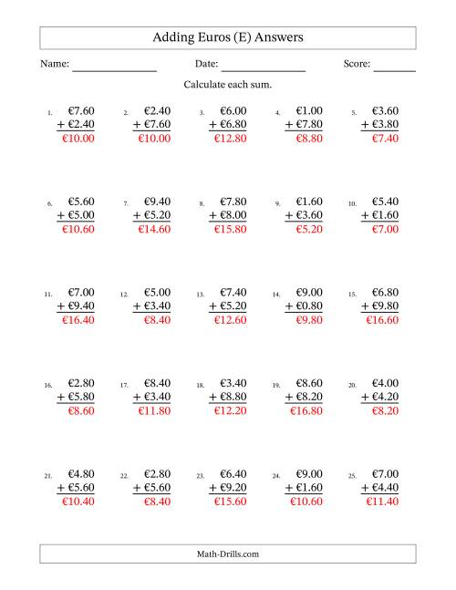 The Adding Euros With Amounts from 0.20 to 9.80 in Increments of Twenty Euro Cents (E) Math Worksheet Page 2