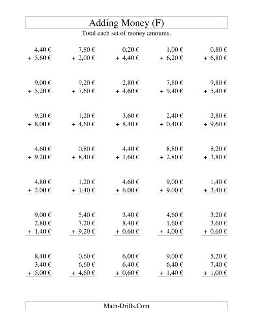 The Adding Euro Money to €10 -- Increments of 20 Euro Cents (F) Math Worksheet