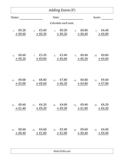 The Adding Euros With Amounts from 0.20 to 9.80 in Increments of Twenty Euro Cents (F) Math Worksheet