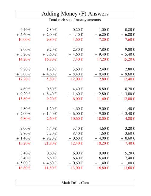The Adding Euro Money to €10 -- Increments of 20 Euro Cents (F) Math Worksheet Page 2