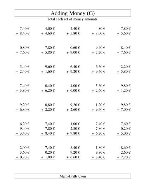 The Adding Euro Money to €10 -- Increments of 20 Euro Cents (G) Math Worksheet