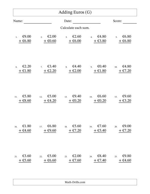 The Adding Euros With Amounts from 0.20 to 9.80 in Increments of Twenty Euro Cents (G) Math Worksheet