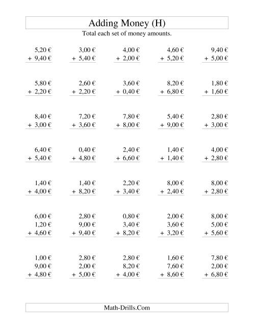 The Adding Euro Money to €10 -- Increments of 20 Euro Cents (H) Math Worksheet