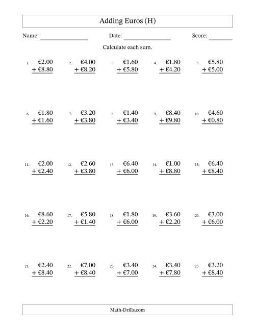 The Adding Euros With Amounts from 0.20 to 9.80 in Increments of Twenty Euro Cents (H) Math Worksheet