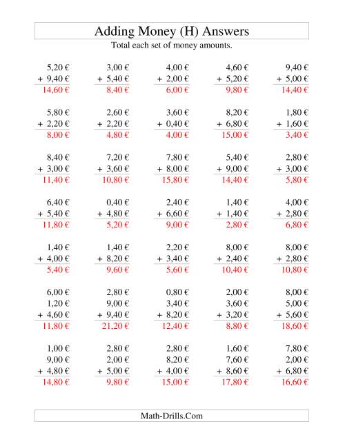 The Adding Euro Money to €10 -- Increments of 20 Euro Cents (H) Math Worksheet Page 2