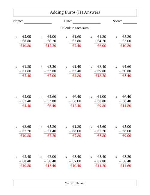 The Adding Euros With Amounts from 0.20 to 9.80 in Increments of Twenty Euro Cents (H) Math Worksheet Page 2