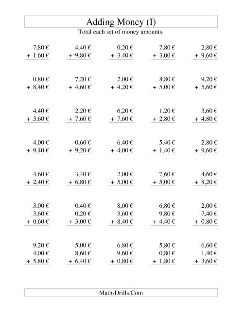 The Adding Euro Money to €10 -- Increments of 20 Euro Cents (I) Math Worksheet