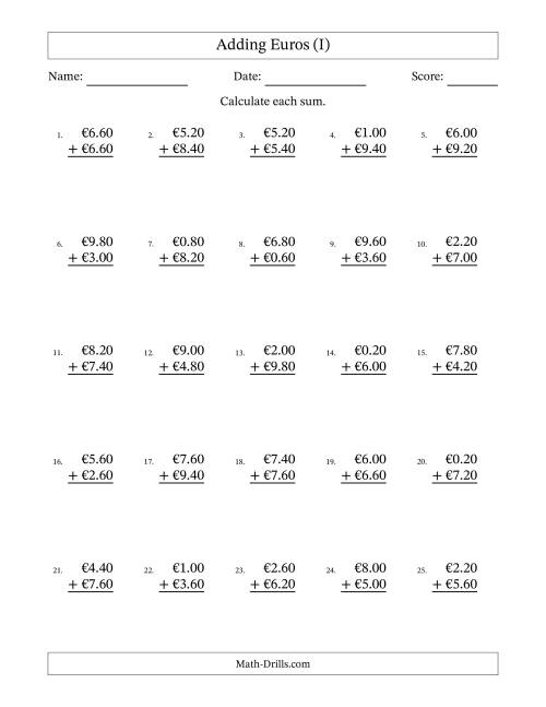 The Adding Euros With Amounts from 0.20 to 9.80 in Increments of Twenty Euro Cents (I) Math Worksheet