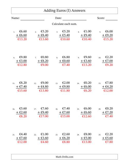 The Adding Euros With Amounts from 0.20 to 9.80 in Increments of Twenty Euro Cents (I) Math Worksheet Page 2