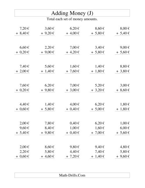 The Adding Euro Money to €10 -- Increments of 20 Euro Cents (J) Math Worksheet