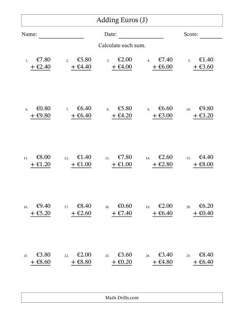 The Adding Euros With Amounts from 0.20 to 9.80 in Increments of Twenty Euro Cents (J) Math Worksheet