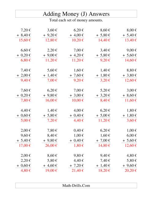 The Adding Euro Money to €10 -- Increments of 20 Euro Cents (J) Math Worksheet Page 2