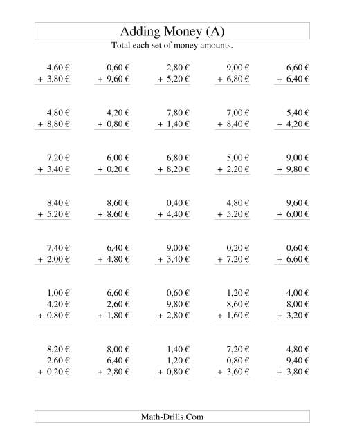 The Adding Euro Money to €10 -- Increments of 20 Euro Cents (All) Math Worksheet
