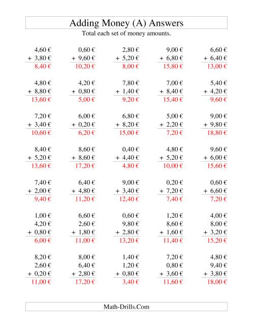 The Adding Euro Money to €10 -- Increments of 20 Euro Cents (All) Math Worksheet Page 2