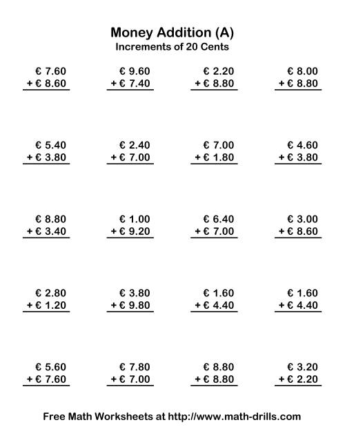 The Adding Euro Money to €10 -- Increments of 20 Euro Cents (Old) Math Worksheet