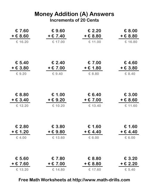 The Adding Euro Money to €10 -- Increments of 20 Euro Cents (Old) Math Worksheet Page 2