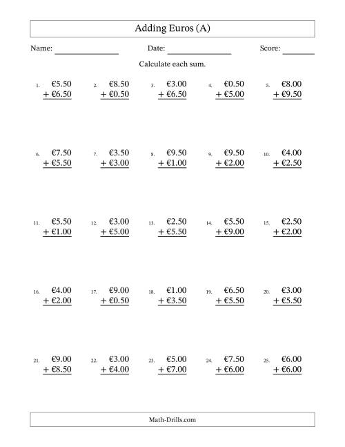 The Adding Euros With Amounts from 0.50 to 9.50 in Increments of Fifty Euro Cents (A) Math Worksheet