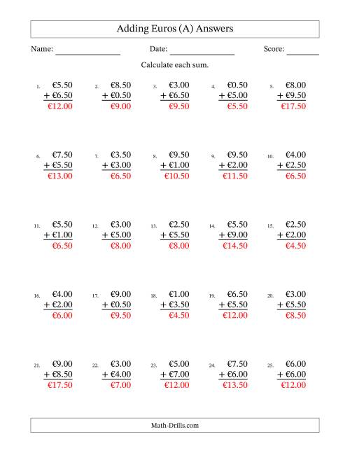 The Adding Euros With Amounts from 0.50 to 9.50 in Increments of Fifty Euro Cents (A) Math Worksheet Page 2