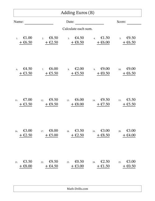 The Adding Euros With Amounts from 0.50 to 9.50 in Increments of Fifty Euro Cents (B) Math Worksheet