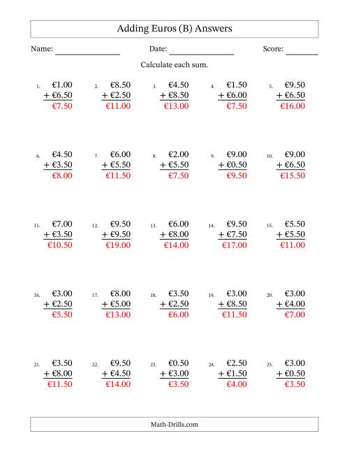 The Adding Euros With Amounts from 0.50 to 9.50 in Increments of Fifty Euro Cents (B) Math Worksheet Page 2