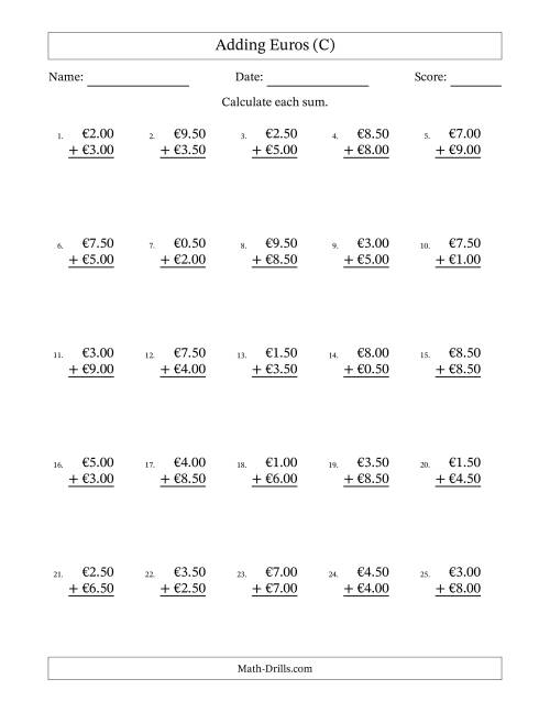 The Adding Euros With Amounts from 0.50 to 9.50 in Increments of Fifty Euro Cents (C) Math Worksheet