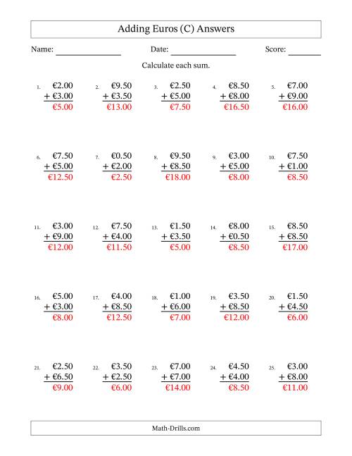 The Adding Euros With Amounts from 0.50 to 9.50 in Increments of Fifty Euro Cents (C) Math Worksheet Page 2